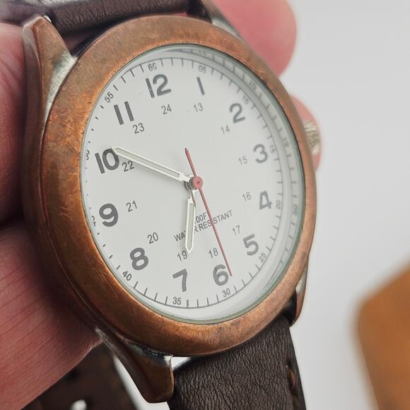 Cooper Tone Military Dial Watch Brown Leather Band Classic Everyday Casual Basic - Picture 3 of 6